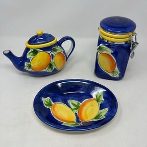 Vtg California Pantry Ceramics SET Lemon Teapot Canister Plate‎ Kitchen Decor